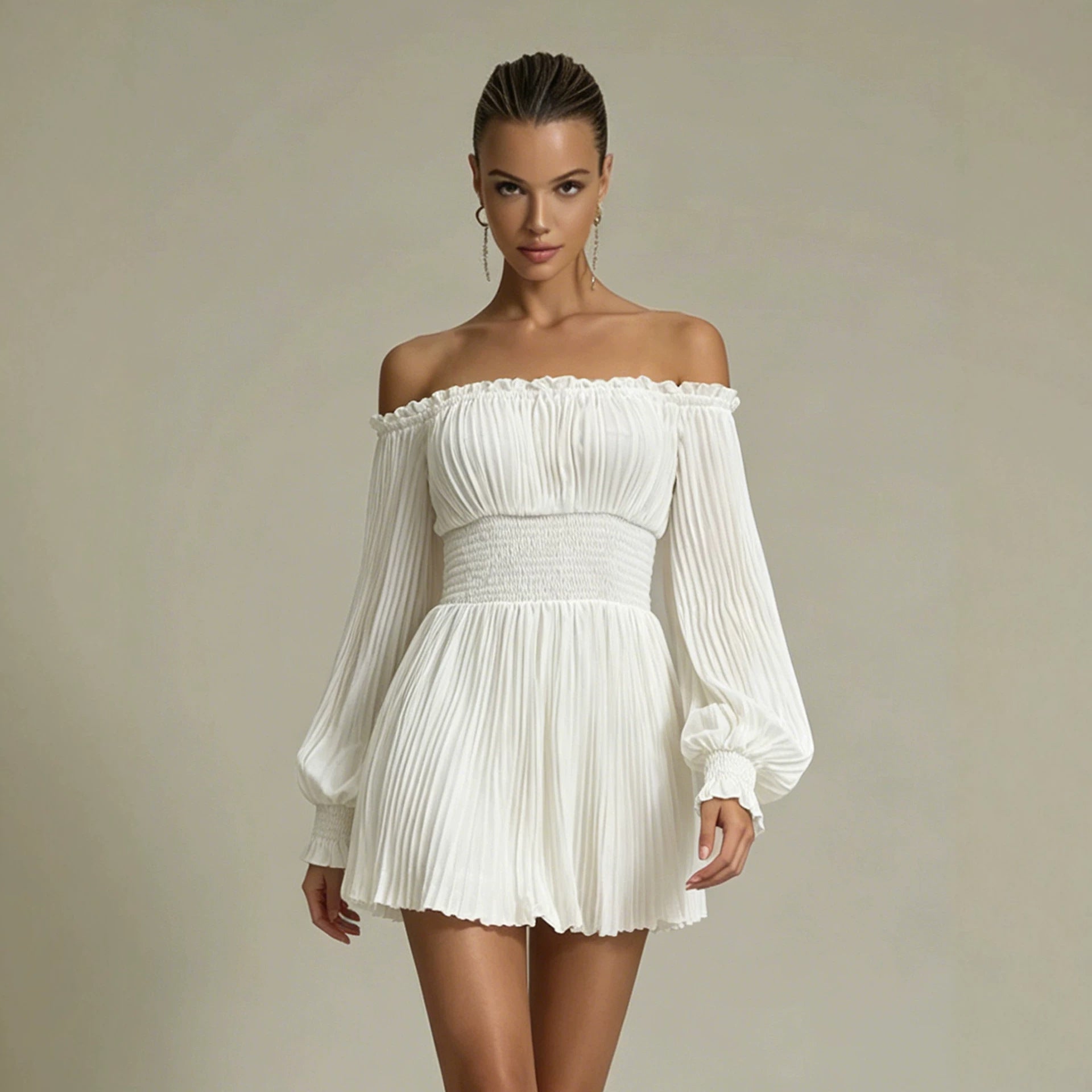 One-shoulder long-sleeve ruched waist casual French-style dress