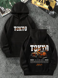 Men'S Tokyo Racing Graphic Hoodie Stylish Black Pullover with Orange Sports Car Design Loose Fit Long Sleeve Casual Streetwear