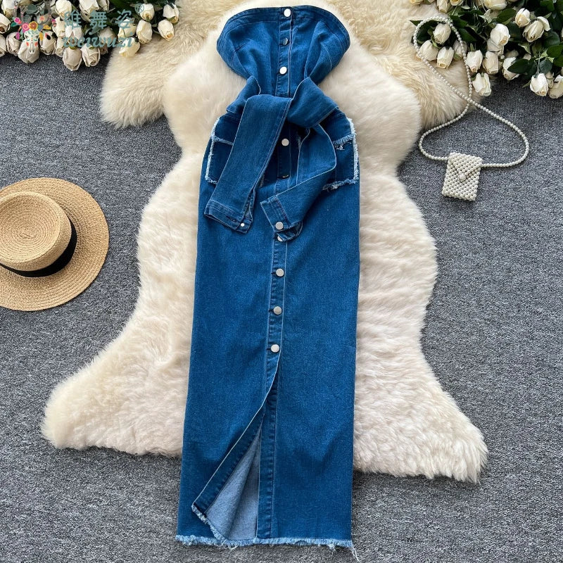 2026 Women Retro Strapless Demin Dress Sleeveless SingleBreasted LaceUp Slim Summer Streetwear Party clothing Sexy jeans Dresses