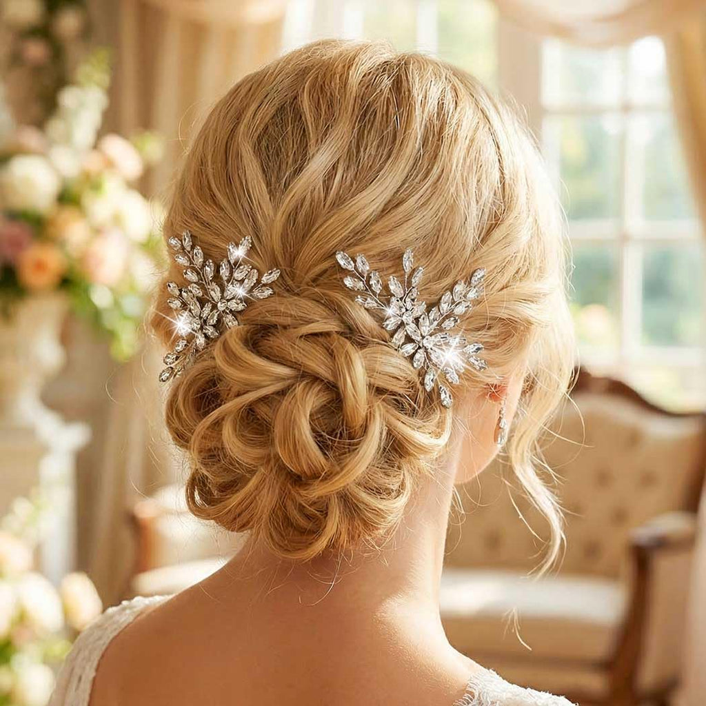 Silver Rhinestone Hair Pins Crystal Hair Clips Bridal Wedding Hair Accessories for Brides and Women Pack of 2 (A-Silver)