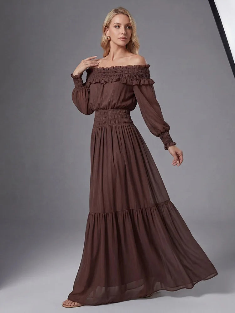 2026 Women's Summer Off-Shoulder Ruffles Brown Maxi Long Dress Elegant Evening Club Party Gown