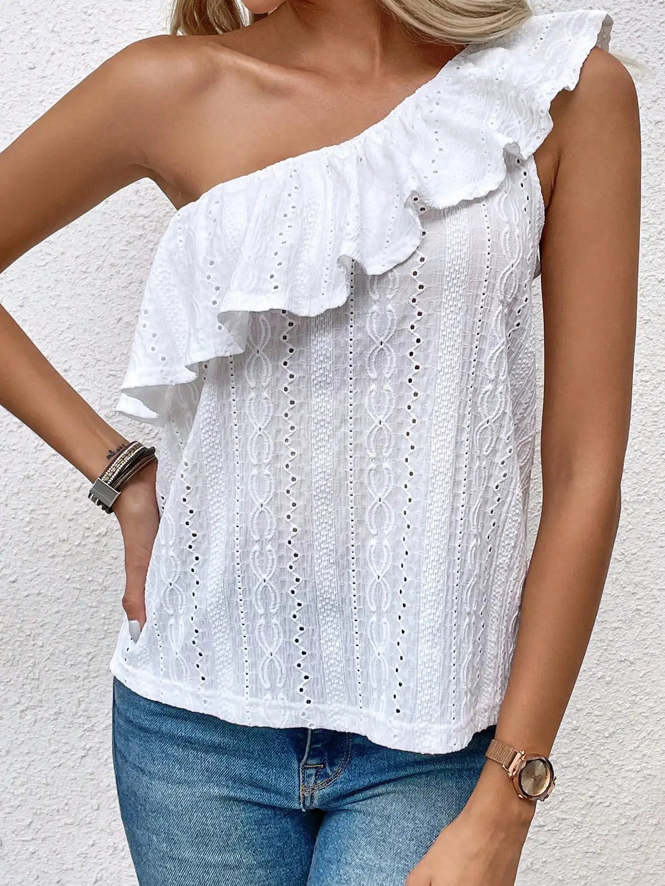 Women's Solid-Color Jacquard Ruffle One-Shoulder Top for Spring/Summer