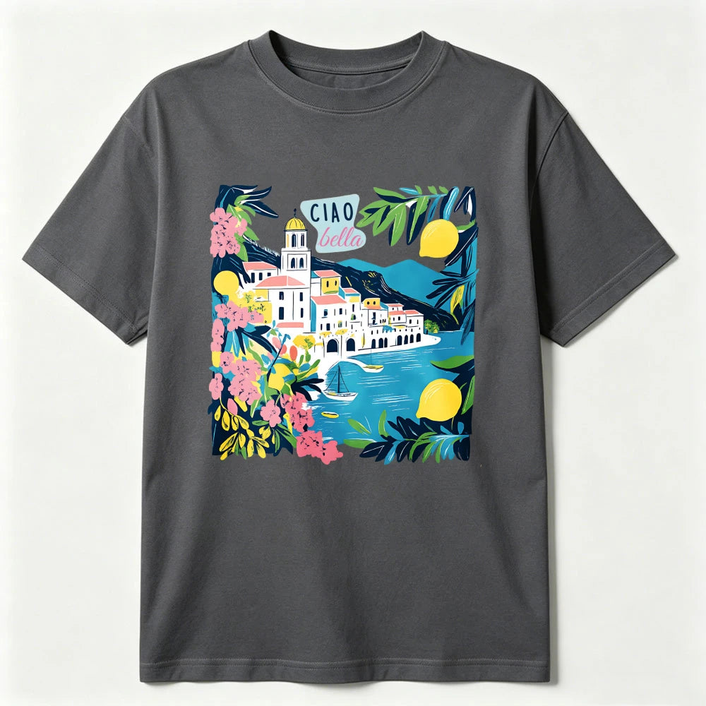 Italian Floral Mediterranean T-Shirt Ciao Bella Amalfi Coast Summer Tee Lemon Village Sailboat Positano Limoncello Travel Gift