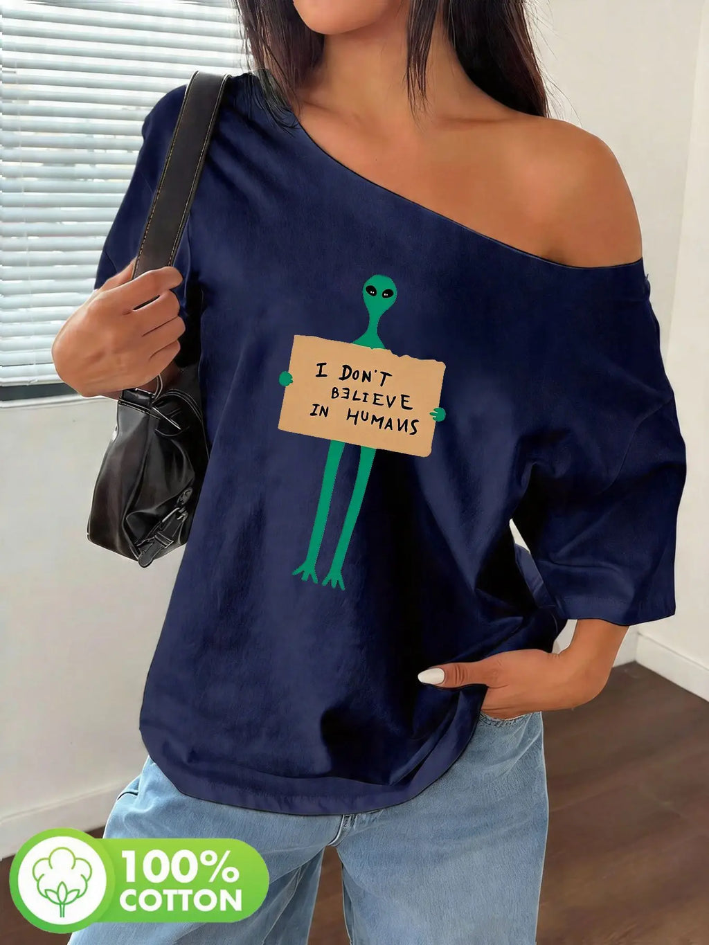 Plus Size 100% Cotton Shoulder Loose Print T-Shirt Oversized Y2K Style Graphic Tees Women Tops Summer Off The Shoulder Top