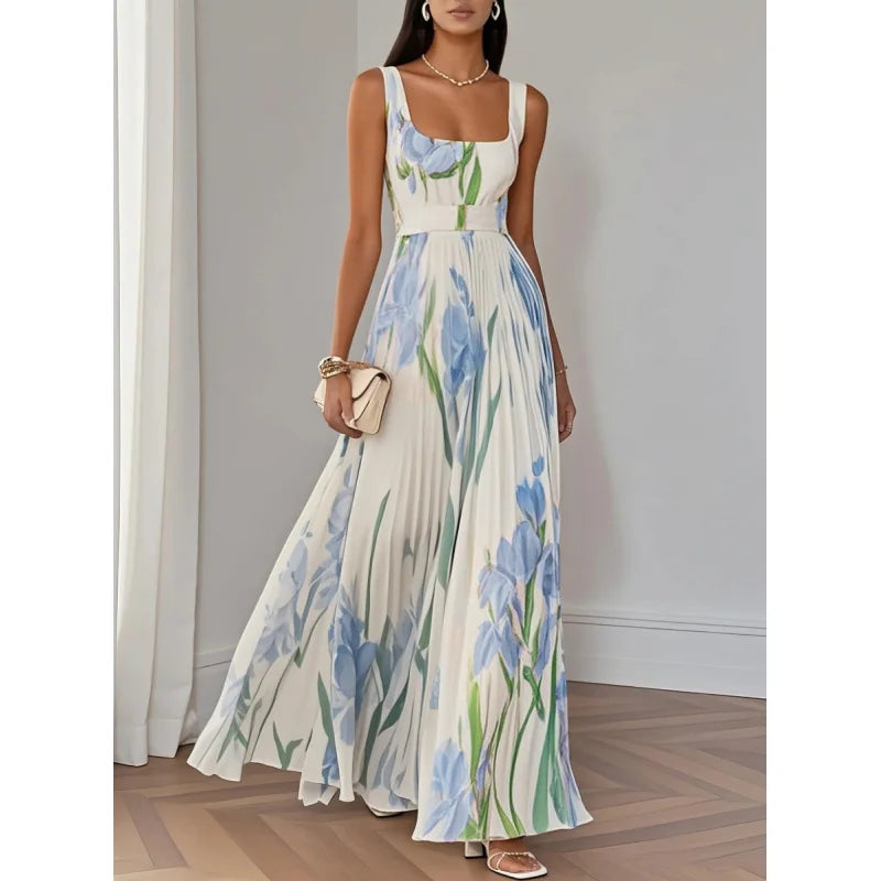 Hot Sale Women High Waist Pleated Maxi Dress Square Neck Sleeveless Floral Digital Print Strap Summer Beach Vacation Long Dresse