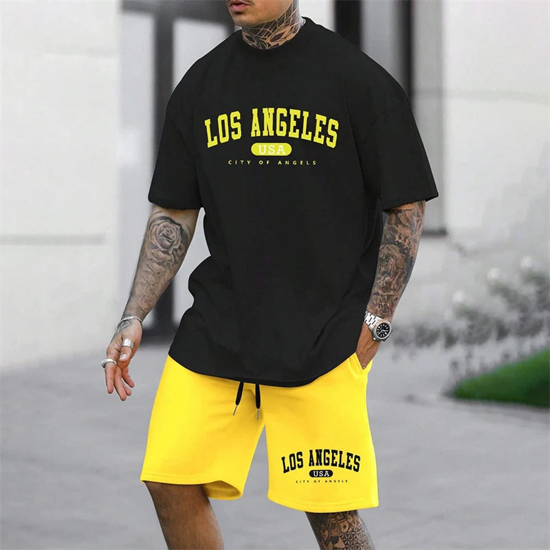 Men's Outdoor Letter Print Shorts Set Two-Piece Streetwear Two-Piece Athletic Wear Crew Neck T-Shirt Fashion Men's Apparel