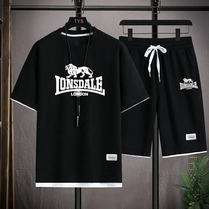 Men's summer new casual short-sleeved T-shirt set, fashionable outdoor men's round-neck pullover + sports shorts 2-piece set