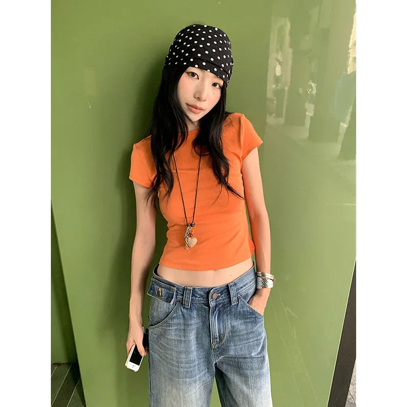 Benuynffy Solid Color Round Neck Crop Top Women 2026 Summer New Korean Style Chic Short Sleeved All Match Casual Y2k Top Tees
