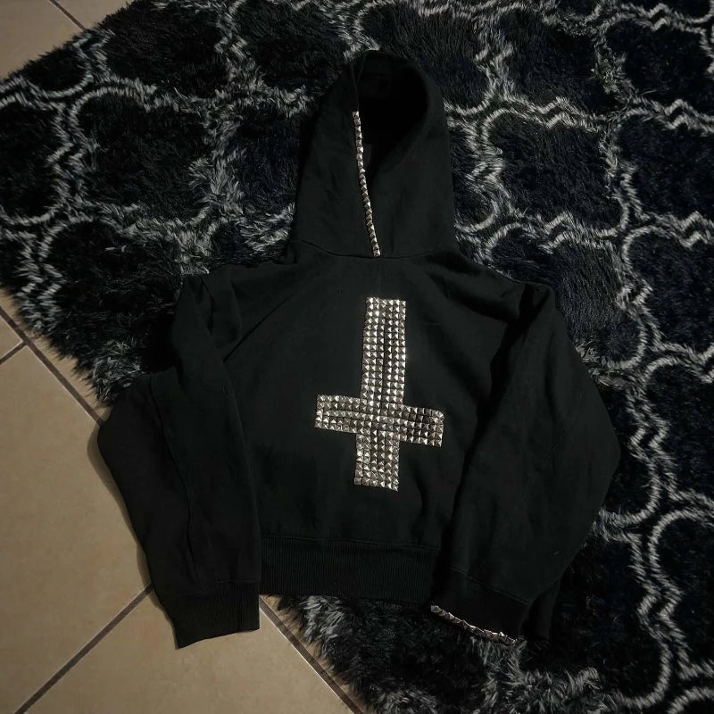 Unisex autumn/winter hoodie with loose and casual style, cross metal rivet design, cardigan sweatshirt, punk rock, hip-hop, and