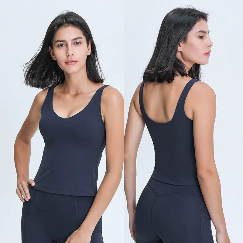 Women Waist-Length Tank Top V-neck 4-way Stretch Sweat-wicking Yoga Shirt With Removable Cups U-Back Workout Vest