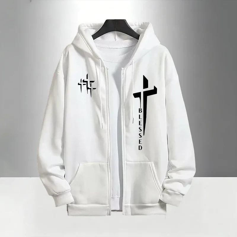 Urban Causal Fashion Hoodies Outerwear Sets Cross Blessed Print Tracksuit for Men Zipper Hooded Sweatshirt and Black Sweatpants