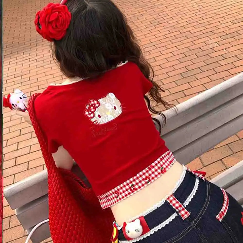 Hello Kitties Summer Women's Short Sleeved T-Shirt Kitty Spicy Girl Bow Slanted Shoulder Hollow Design Cartoon Cute Fashion Top