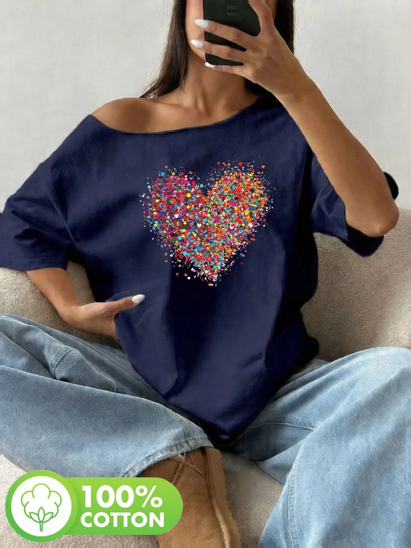 Plus Size 100% Cotton Shoulder Loose Print T-Shirt Oversized Y2K Style Graphic Tees Women Tops Summer Off The Shoulder Top
