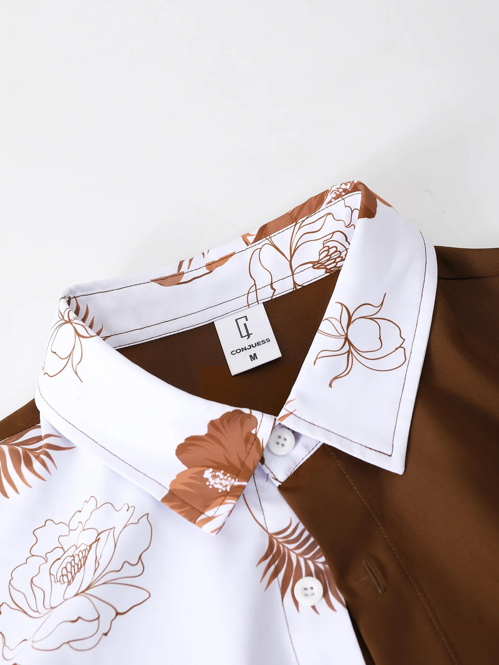 Men's Brown & White Color Block Floral Print Cuban Collar Shirt Set 2 Piece Summer Short Sleeve Drawstring Beach Shorts Outfit