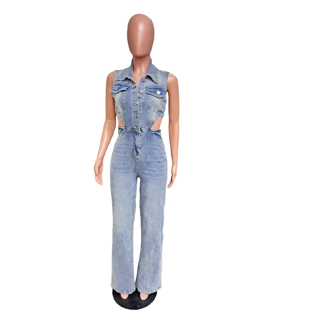 European American Sexy Hollowed-out Design Sleeveless Lapel Denim Jumpsuit. New Fashion Straight-leg Jumpsuits for Women Spring