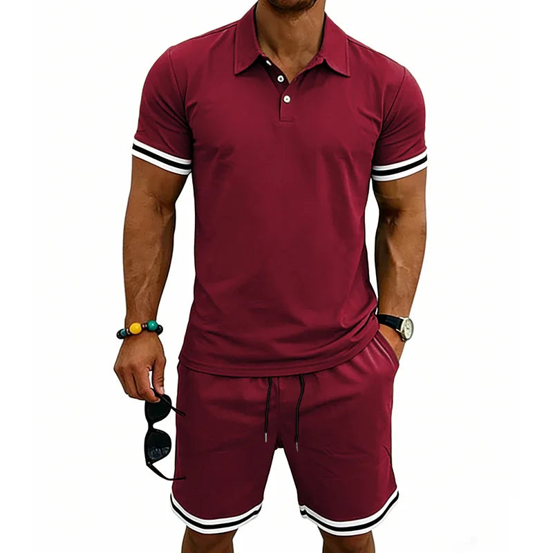 European and American men's summer casual trend thin breathable polo lapel short-sleeved POLO shorts set
