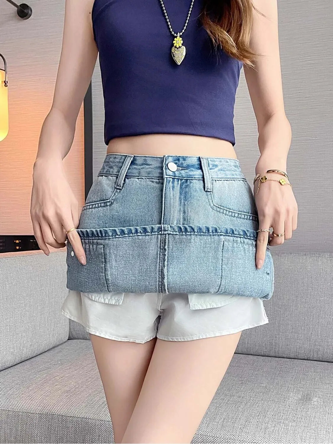 Women High Waist Cargo Denim Mini Skirt A-Line Multi Pocket Jean Skirt Button Fly Cotton Casual Summer Streetwear Y2K Vintage