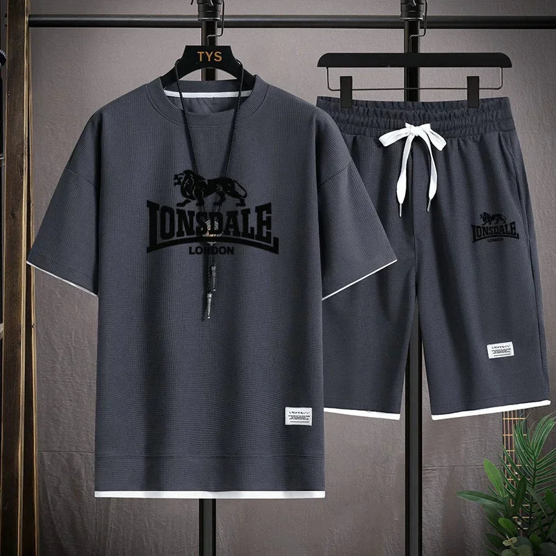 Men's summer new casual short-sleeved T-shirt set, fashionable outdoor men's round-neck pullover + sports shorts 2-piece set