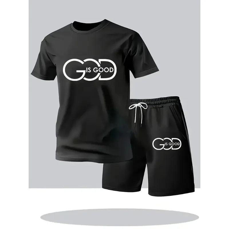Street Fashion Trend Men's Round Neck Short Sleeved Set, Outdoor Simple Round Neck Top, Casual and Comfortable Shorts