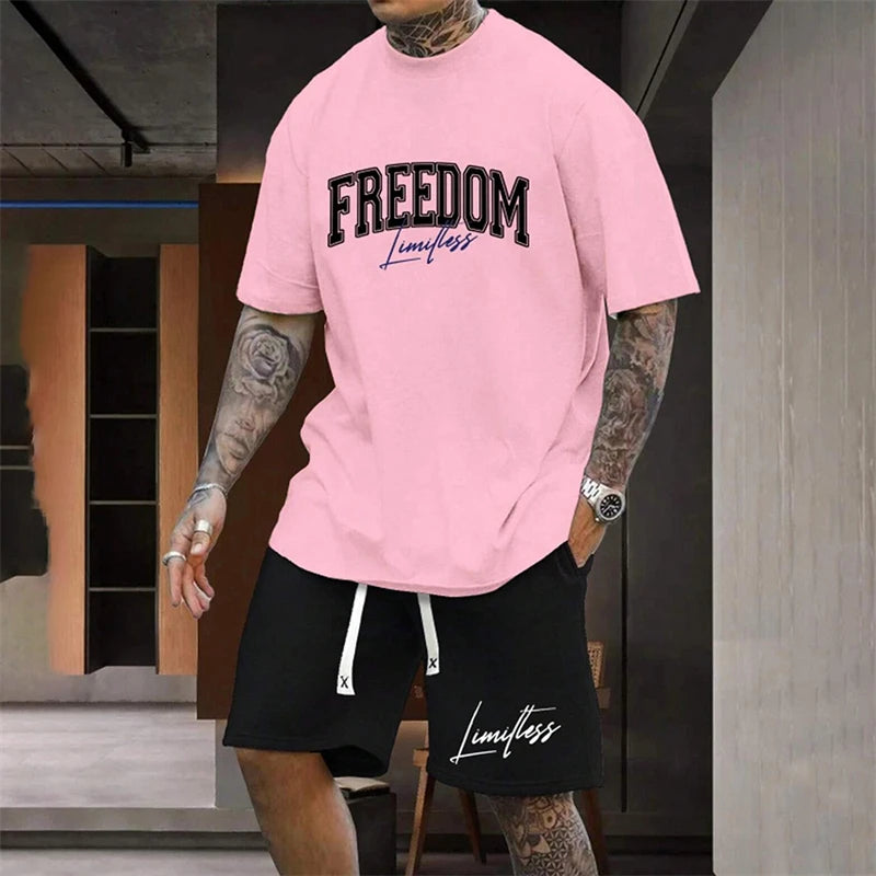 Men's Outdoor Letter Print Shorts Set Two-Piece Streetwear Two-Piece Athletic Wear Crew Neck T-Shirt Fashion Men's Apparel