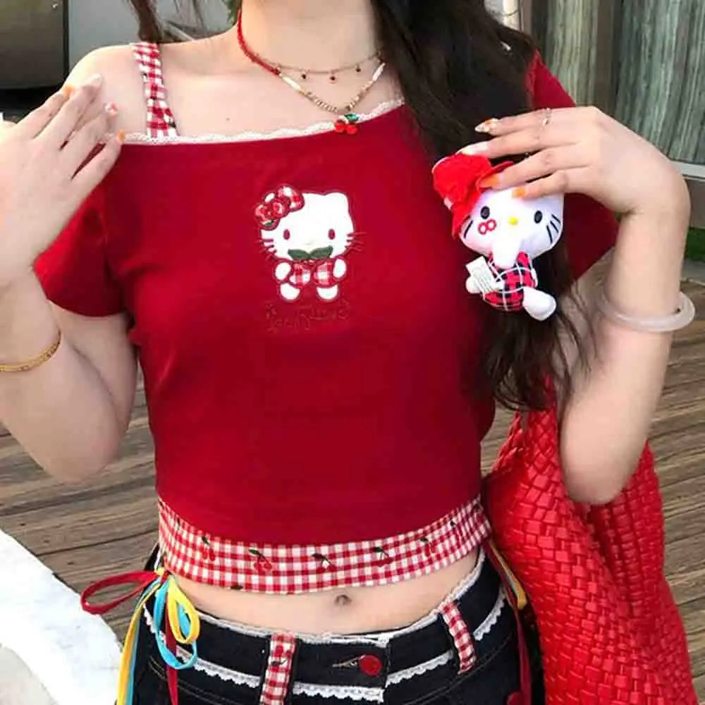 Hello Kitties Summer Women's Short Sleeved T-Shirt Kitty Spicy Girl Bow Slanted Shoulder Hollow Design Cartoon Cute Fashion Top