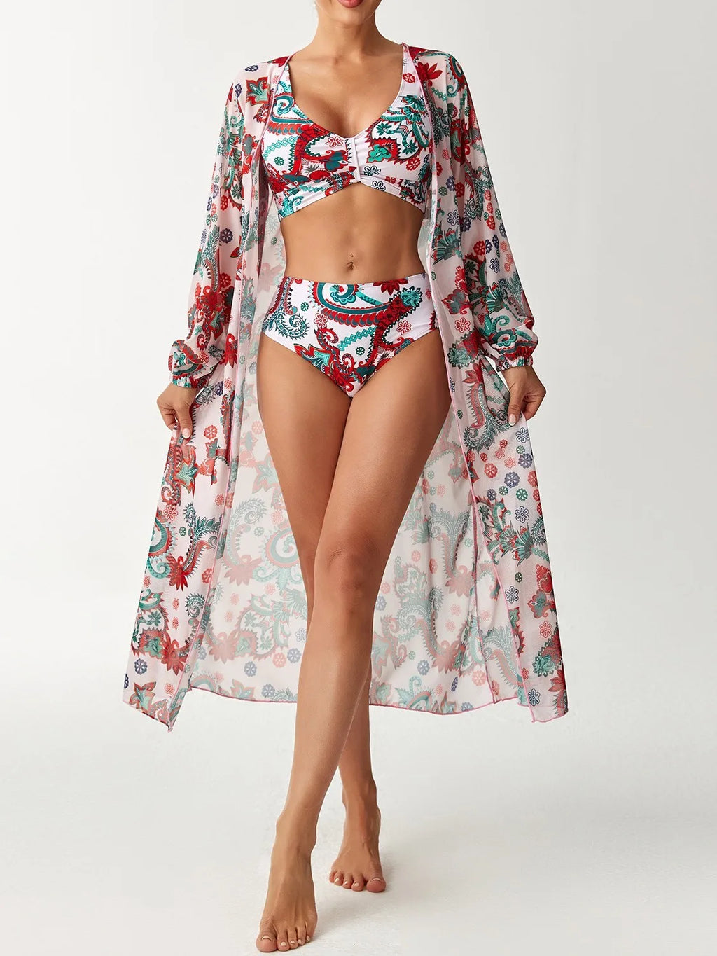 Women's 2026 Tankini Printed High Waist Long Sleeve Tankini Top Floral Print V Neck Swim Top Tropical Leaf Print Bikini Top