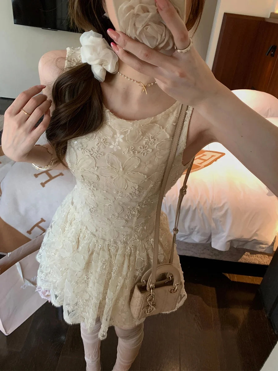 MUKOK Summer Women's Vest Dress Belted Waist Short Skirt Embroidered Sash A-Line Silhouette City Commute Casual Style Dress