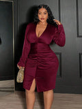 Elegant Sexy Ruched V-Neck Bodycon Long Sleeve Dress For Women Party Christmas