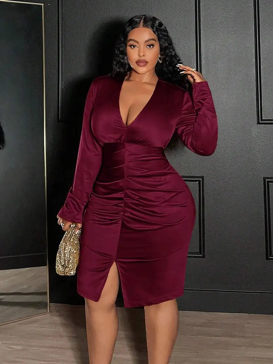 Elegant Sexy Ruched V-Neck Bodycon Long Sleeve Dress For Women Party Christmas