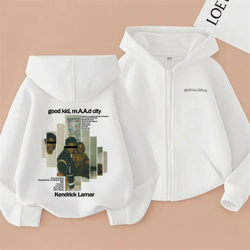Rapper Kendrick Lamar Good Kid Album Graphic Zipper Hoodie Men Women Hip Hop Vintage Zip Up Jacket Male Oversized Zip Up Hoodies