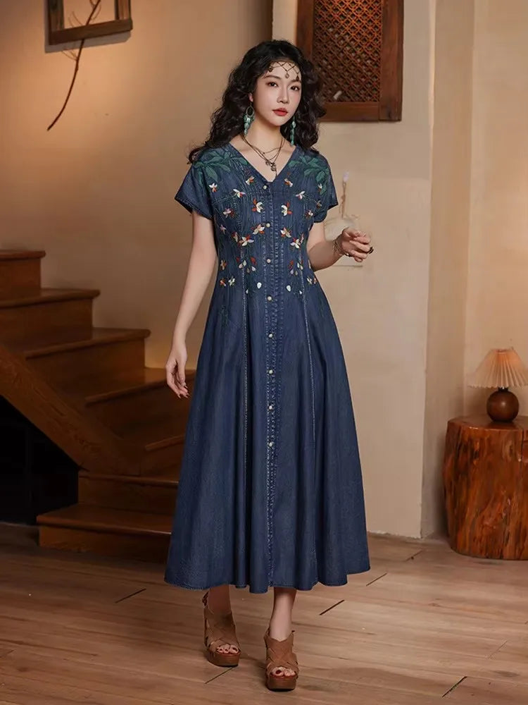 TIYIHAILEY Women Denim Dresses Long Mid-Calf Single Breasted Summer M-4XL Chinese Style Embroidery V-Neck New Vintage 2026