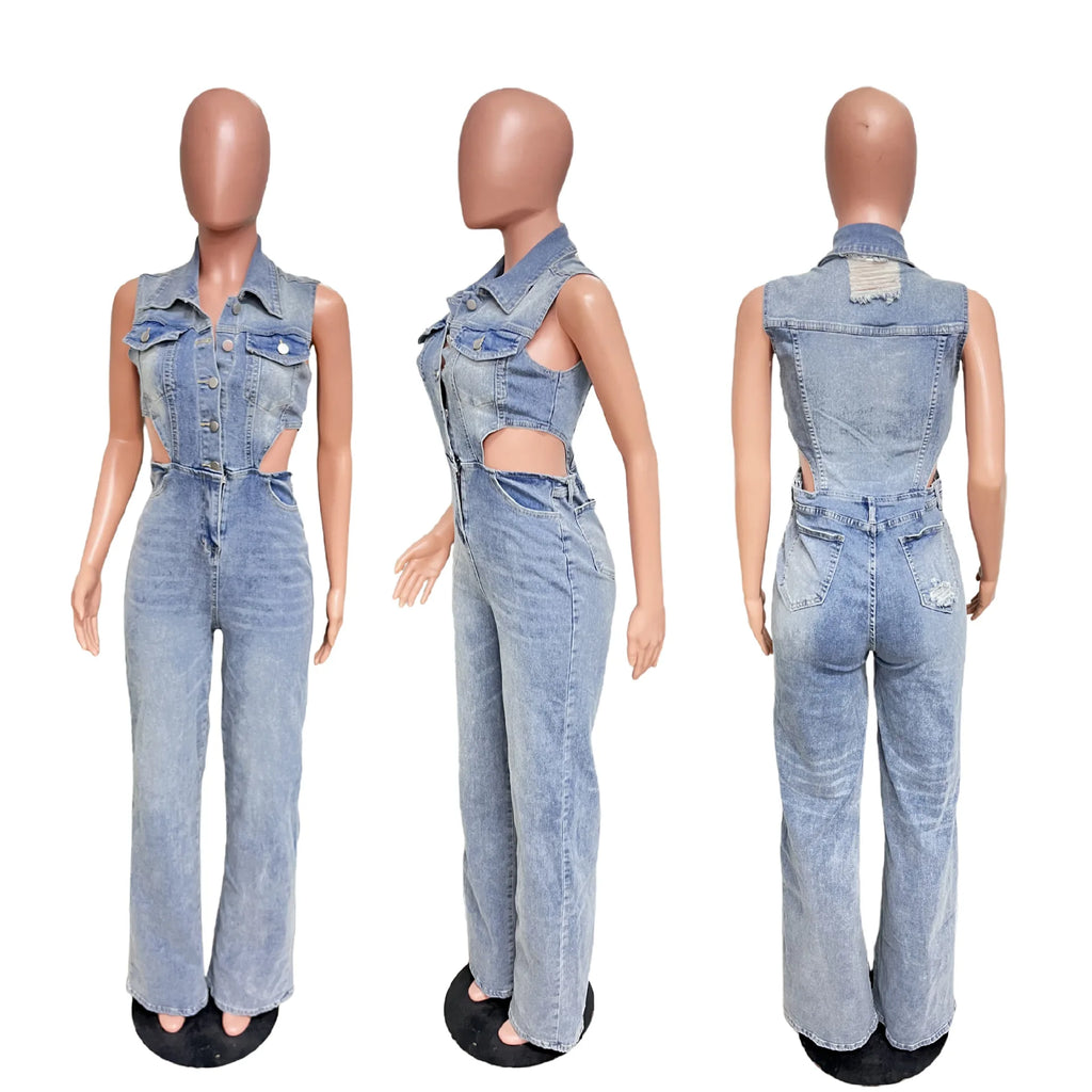 European American Sexy Hollowed-out Design Sleeveless Lapel Denim Jumpsuit. New Fashion Straight-leg Jumpsuits for Women Spring