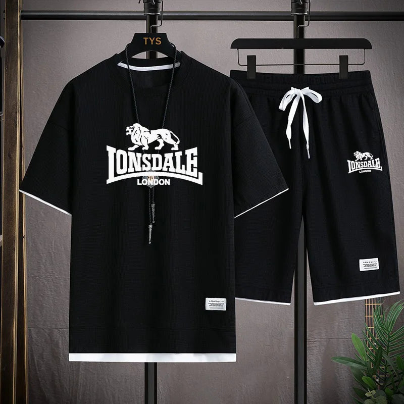 Men's summer new casual short-sleeved T-shirt set, fashionable outdoor men's round-neck pullover + sports shorts 2-piece set