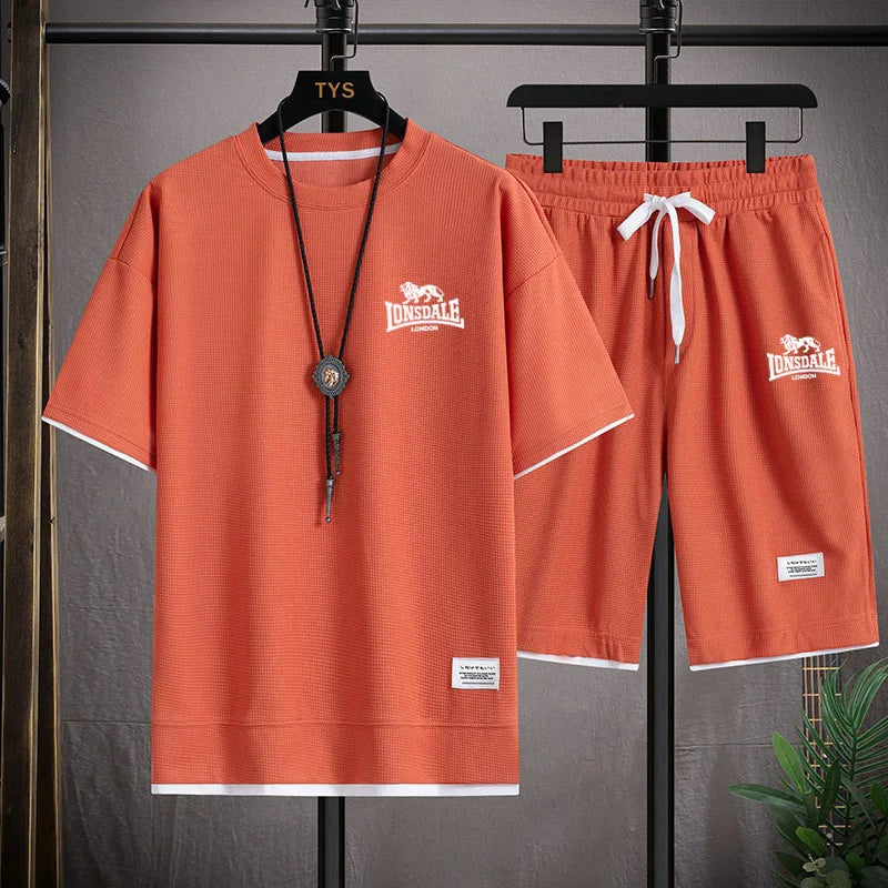 Men's summer new casual short-sleeved T-shirt set, fashionable outdoor men's round-neck pullover + sports shorts 2-piece set
