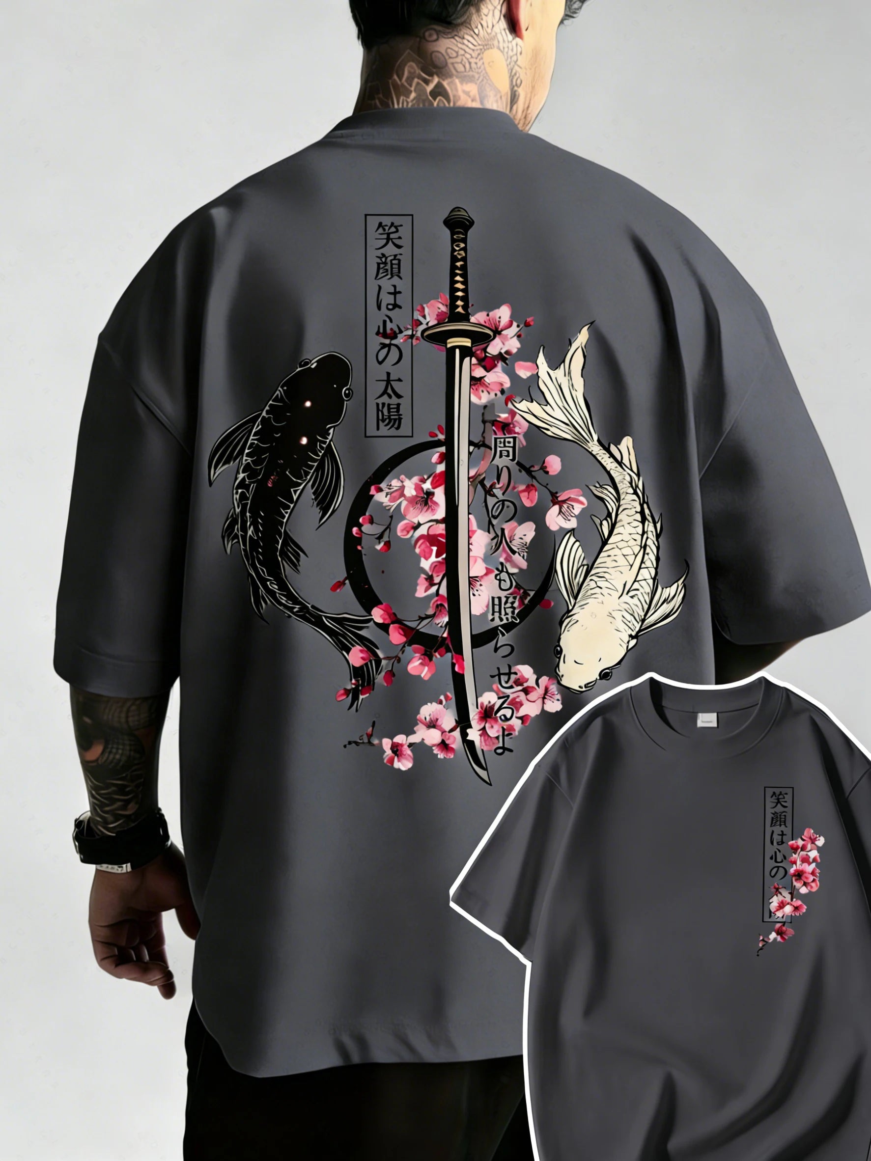 Summer Hot Japanese Yin Yang Koi Fish & Samurai Sword Pattern Cotton Men’s T-Shirt Short Sleeve Tees Casual Oversized Unisex Top