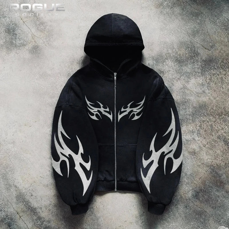 Korean Grunge Tribal Printed Zip Up Hoodie Men Gothic Y2K HipHop Streetwear Washed Harajuku Punk Edgy Darkcore Sweatshirt Unisex