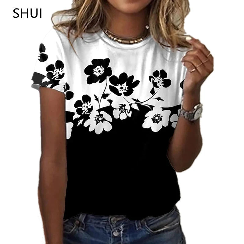 Fashion Artistic Flower Pattern T-shirt Women Summer Leisure Y2k Graphic Tee Female Casual Elegant Short-sleeved O-neck Tee Tops