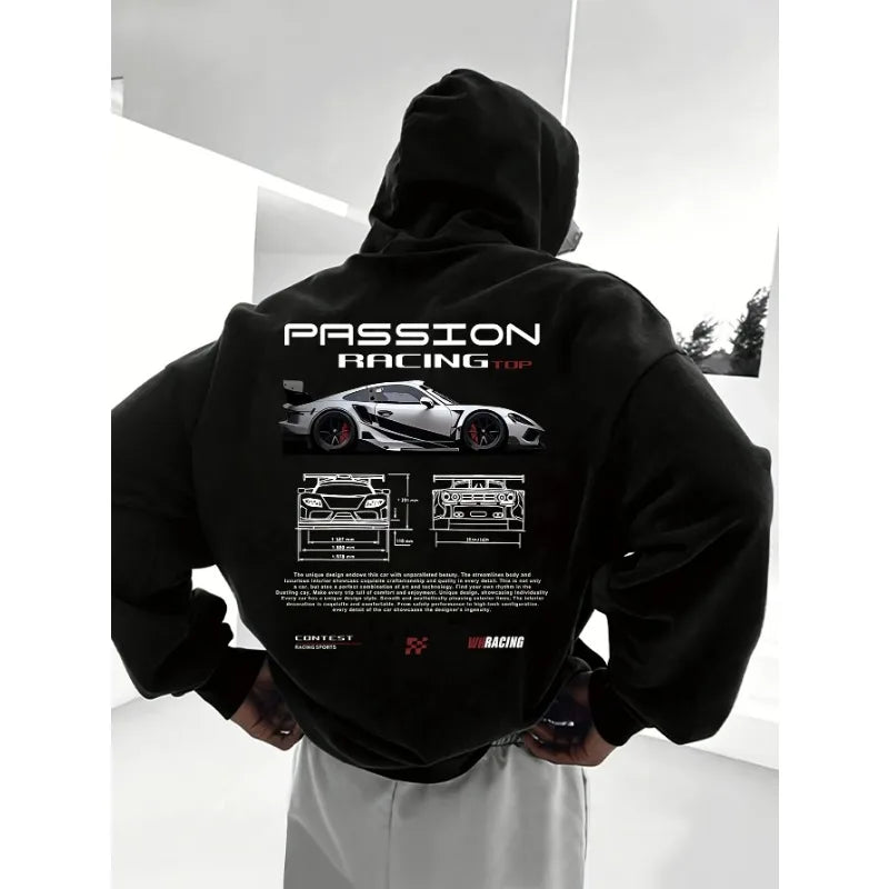 2026 Popular digital pattern men's hooded sweatshirt with car-themed design, American-style casual sports long-sleeved shirt