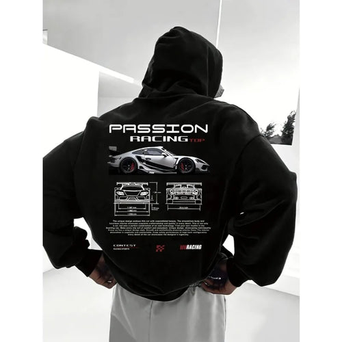2026 Popular digital pattern men's hooded sweatshirt with car-themed design, American-style casual sports long-sleeved shirt