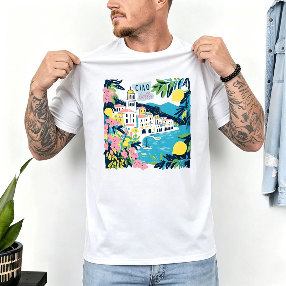 Italian Floral Mediterranean T-Shirt Ciao Bella Amalfi Coast Summer Tee Lemon Village Sailboat Positano Limoncello Travel Gift