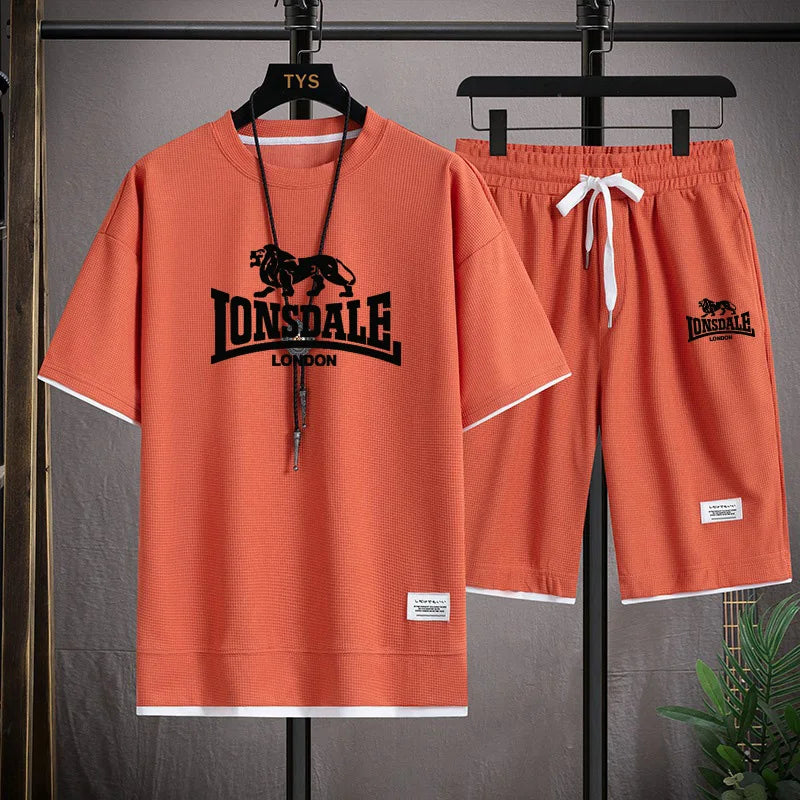 Men's summer new casual short-sleeved T-shirt set, fashionable outdoor men's round-neck pullover + sports shorts 2-piece set