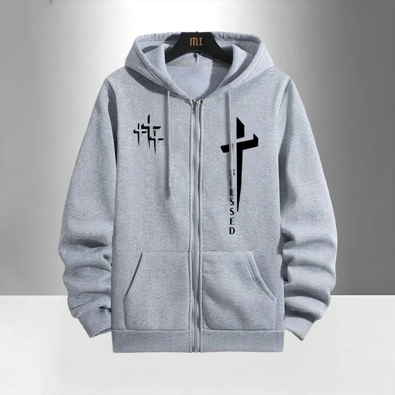 Urban Causal Fashion Hoodies Outerwear Sets Cross Blessed Print Tracksuit for Men Zipper Hooded Sweatshirt and Black Sweatpants