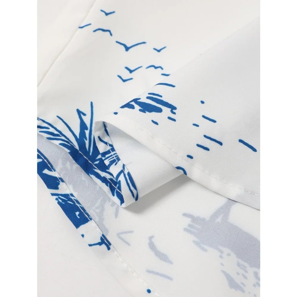 Summer Man Set Coconut Tree Fresh Flower Pattern Men's Short-Sleeved Button Shirt Summer Seaside Beach Vacation Hawaiian Shirt