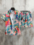Men's Short-sleeved Shirt Set Artistic And Simple Style Plant Print Solid-color Shorts Casual Fashionable And Daily