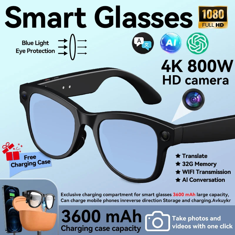 3600mAh Power Bank Smart Glasses 800W 4K HD Pixel 32GB Translation Bluetooth Music Ultra AI Smart Glasses with video camera 2026