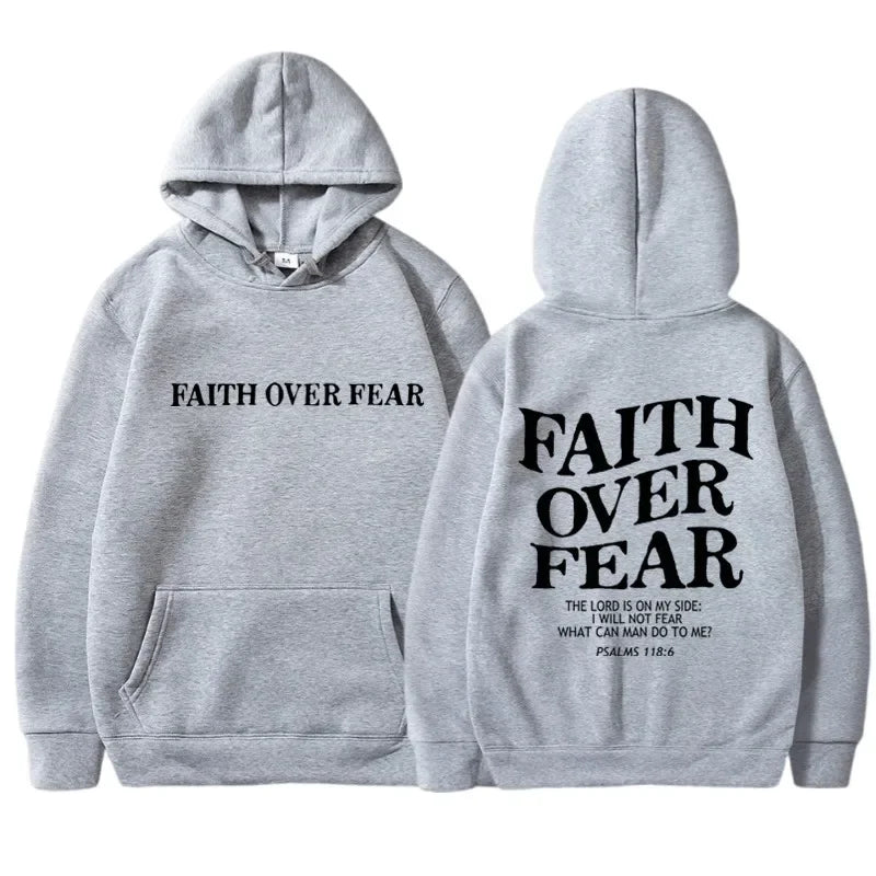 Men's Faith Over Fear Graphic Hoodie Black Pullover Sweatshirt Comfortable Blend Fabric Inspirational Streetwear Hooded Top