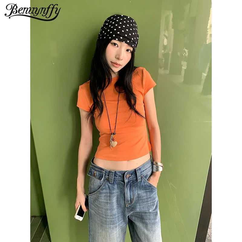 Benuynffy Solid Color Round Neck Crop Top Women 2026 Summer New Korean Style Chic Short Sleeved All Match Casual Y2k Top Tees