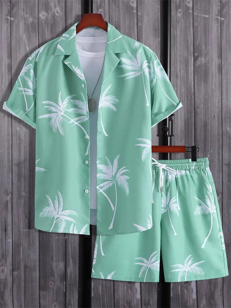 Men's Short-sleeved Shirt Set Artistic And Simple Style Plant Print Solid-color Shorts Casual Fashionable And Daily