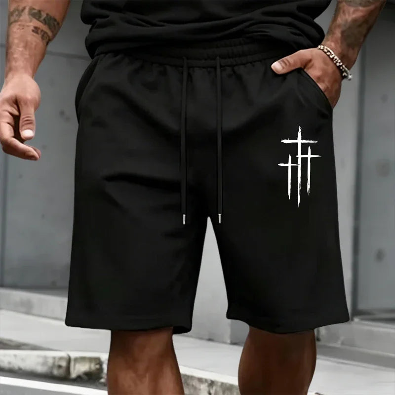 2026 Summer Men's Set Cross Print T-shirts and Shorts Home Outdoor Comfort Soft Short Sleeve Outfit Urban Casual Trend Tracksuit