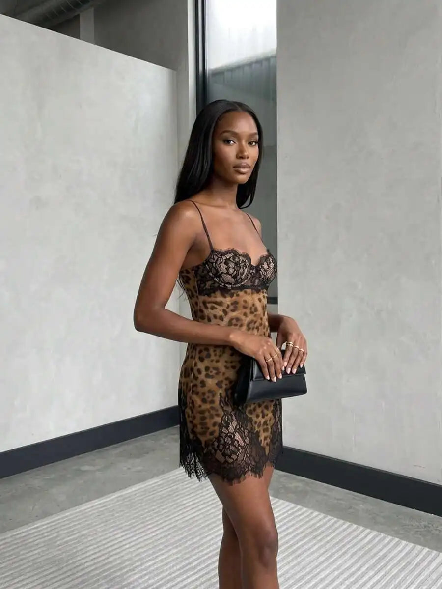 Leopard Print Mini Dress With Lace Trim Underwire Cups Slip Style